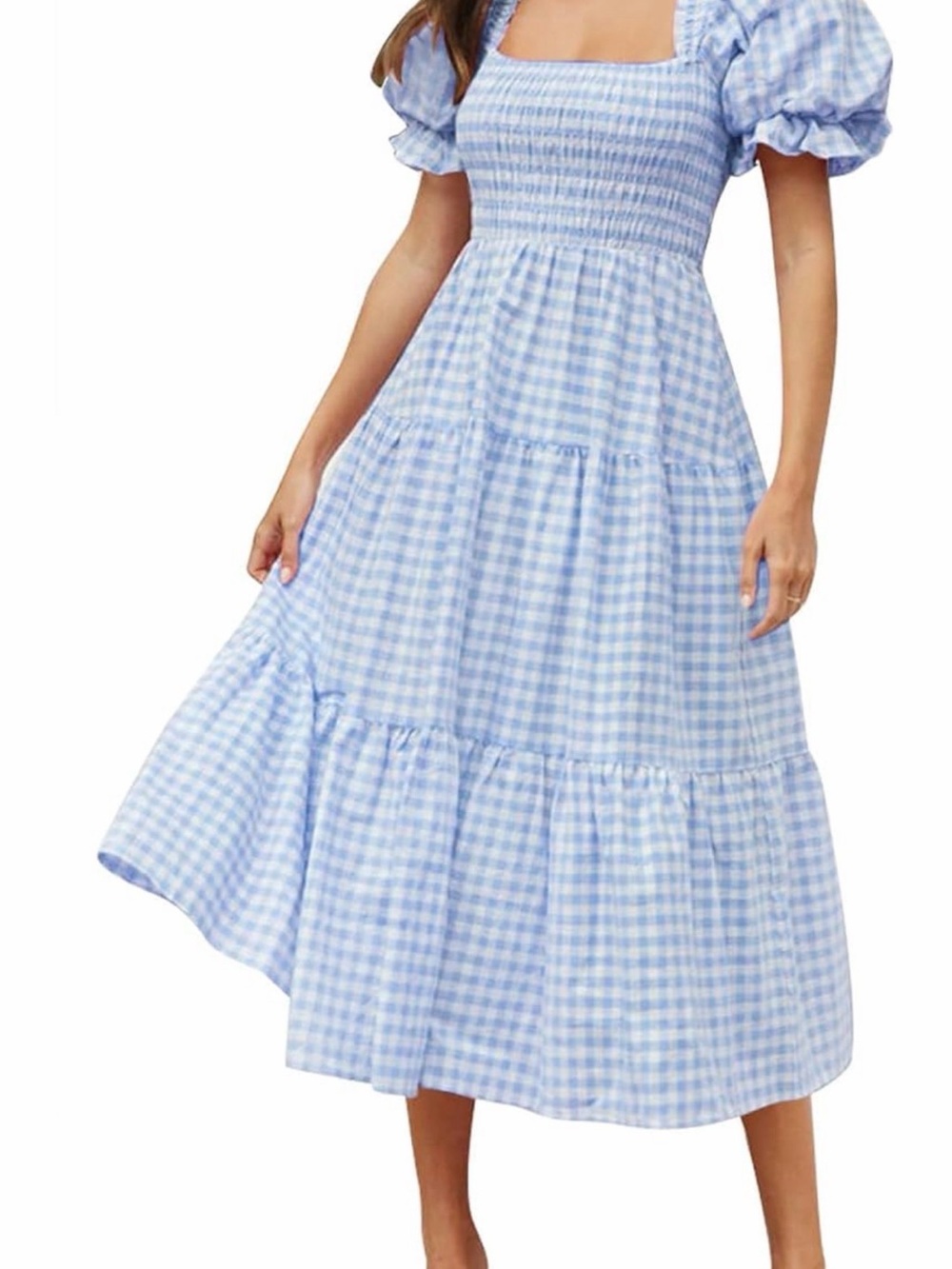 Blue Gingham Puff-Sleeve Midi Dress - Women